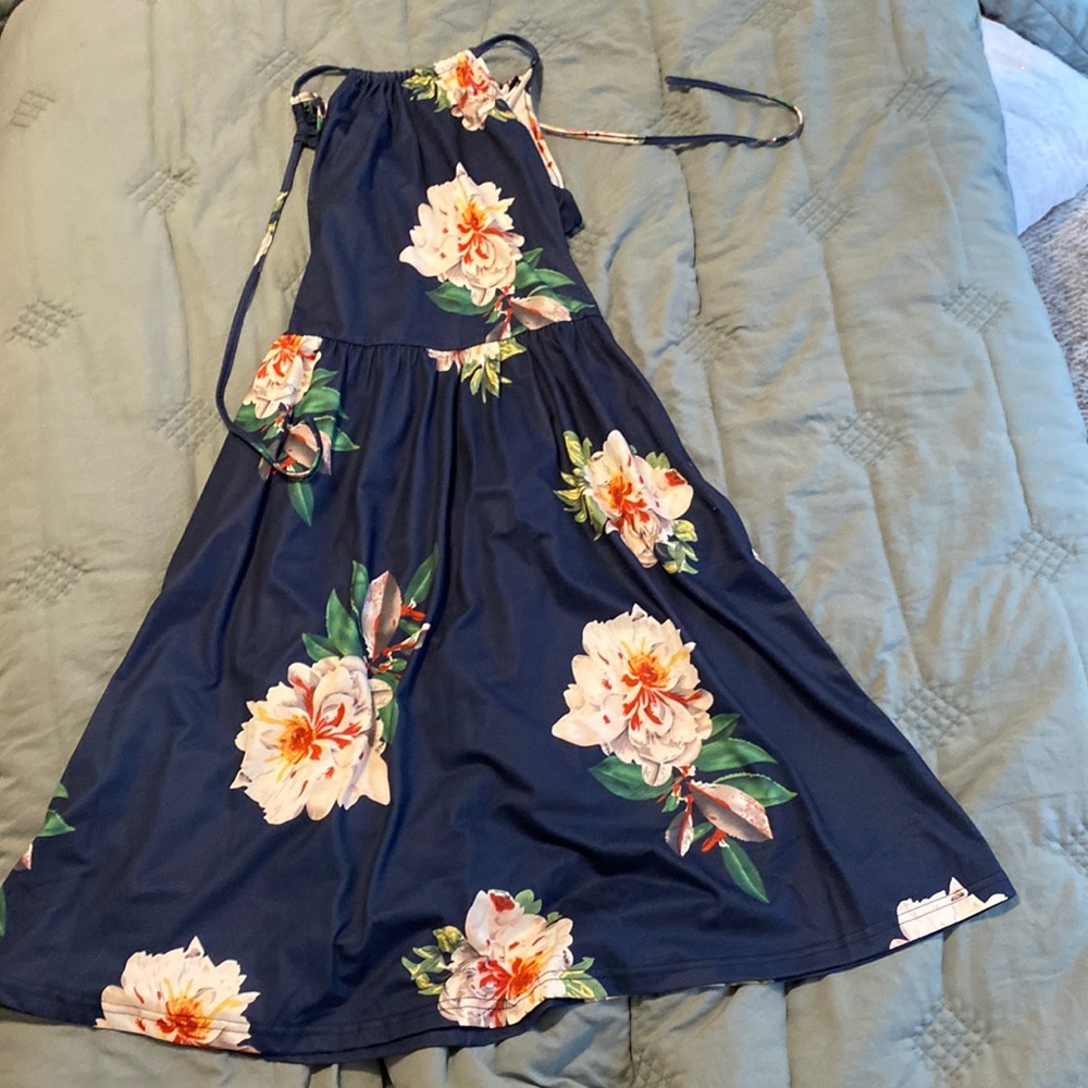 Navy blue floral dress, halter neck, midi length, perfect condition, worn once.